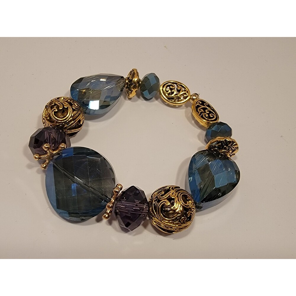 Handmade Blue‎ & Gold Statement Beaded Bracelet
